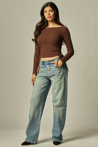 Ruched Side Ribbed Long Sleeve Top