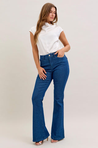 Judy Blue Glitter Flare Jeans with subtle shimmer finish, high rise waist, and flared leg.