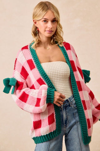 Candy Cane Check Knit Cardigan | Oversized Holiday Sweater