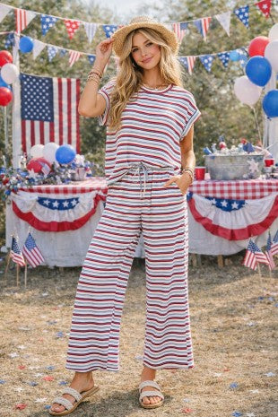 Americana ribbed stripe wide leg lounge pants with red white and blue stripes and drawstring waist