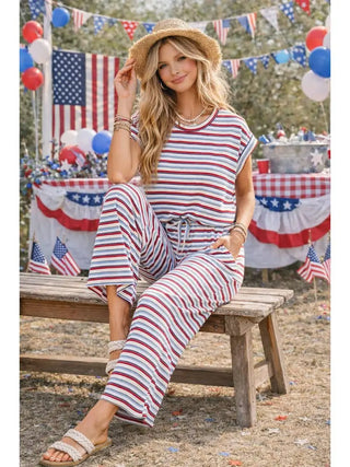 Americana ribbed stripe lounge top with red white and blue stripes and relaxed fit