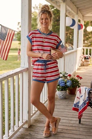 Americana striped lounge shorts with drawstring waist and contrast blue trim detail