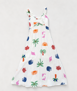 Flowy white maxi dress with colorful coastal-inspired embroidery and ruffle strap details