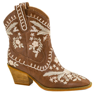 Corky’s Let’s Go Girls brown embroidered Western boot with cream floral stitching