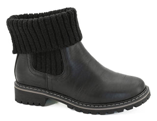 Corky’s Quiver black ankle boot with ribbed knit cuff and treaded sole