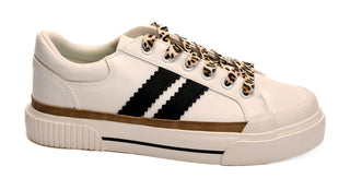 Corky’s That’s Her white sneaker with leopard-print laces and black side stripe.