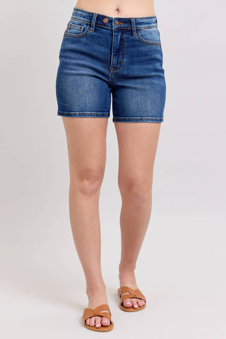 Judy Blue High Waist Dark Wash 2 Button Mid-Length Dad Shorts