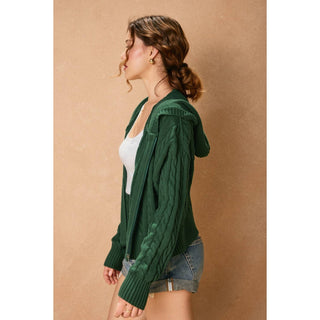 Cable Knit Hooded Zip Up Cardigan
