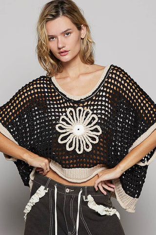 Pol Clothing - Round neck sleeveless floral thin sweater top SALE: BLACK/BEIGE / L