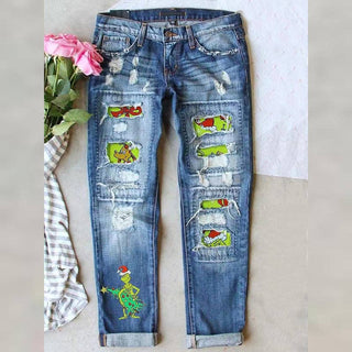 Women’s Distressed Straight Leg Jeans with Christmas: Dark Blue