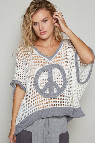 Pol Clothing Oversize V-Neck Short Sleeve Peace Sign Sweater