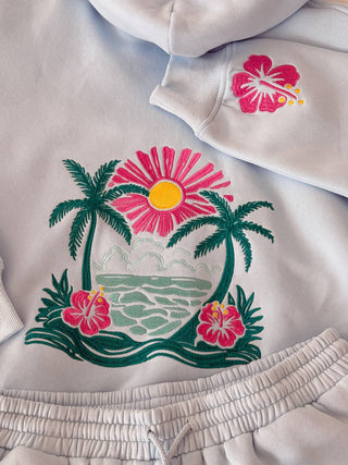 Sunkissed Coconut Icy Blue Hibiscus Flower Beach Babe Embroider Hoodie