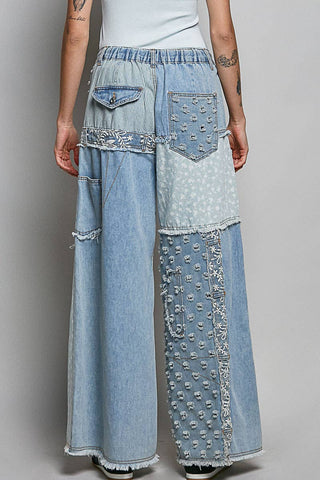 Blue Patchwork Wide-Leg Statement Jeans