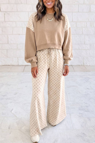 1 the Woman - Polka Dot Patchwork Long Sleeve Casual Two Piece Set S-4X: Khaki / L