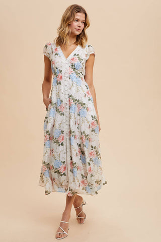 In Loom Floral Lace Trim Button Down Dress