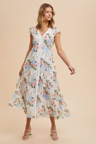 In Loom Floral Lace Trim Button Down Dress