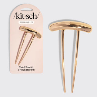 Mini gold metal barrette French hair pin used for securing buns and half-up hairstyles.