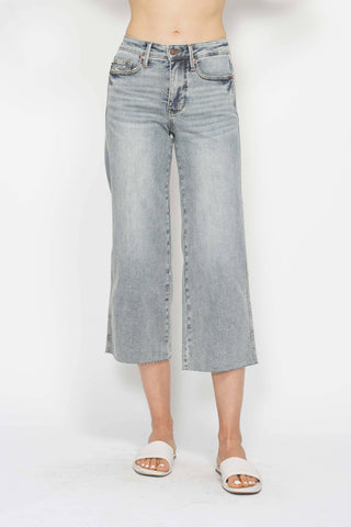 Judy Blue Mid Rise Light Wash Tummy Control Raw Hem Crop Wide Leg Jeans