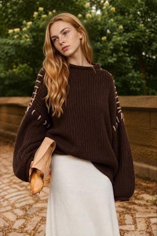 Blu Pepper Contrast-Stitch Mock Neck Sweater – Chocolate