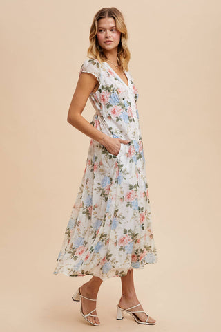 In Loom Floral Lace Trim Button Down Dress
