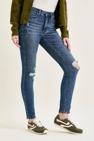 Judy Blue Mid Rise Dark Wash Tummy Control Destroy Skinny Jeans