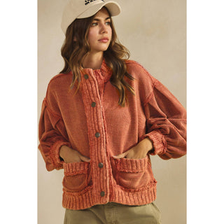 IVE - Washed Vintage Ribbed Knit Trim Cardigan Jacket: MOCHA MUSSE / S-M-L-XL(2-2-2-2)