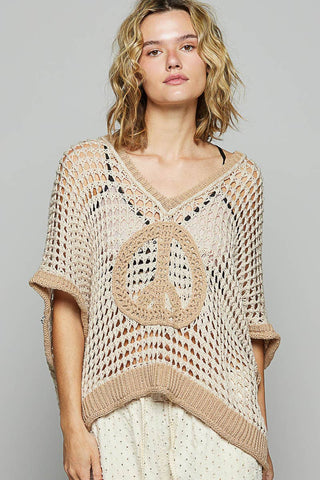 Pol Clothing Oversize V-Neck Short Sleeve Peace Sign Sweater