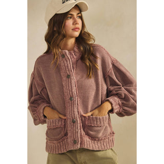 IVE - Washed Vintage Ribbed Knit Trim Cardigan Jacket: OATMEAL / S-M-L-XL(2-2-2-2)