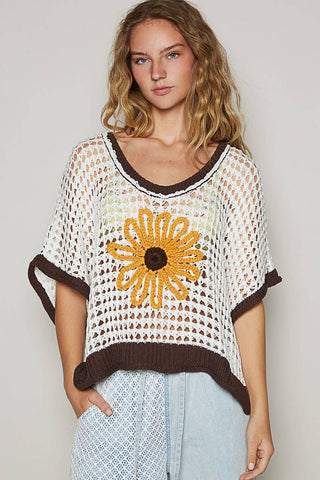 Pol Clothing - Round neck sleeveless floral thin sweater top SALE: BLACK/BEIGE / L