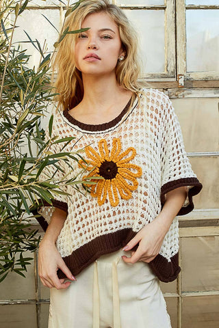 Pol Clothing - Round neck sleeveless floral thin sweater top SALE: BLACK/BEIGE / L