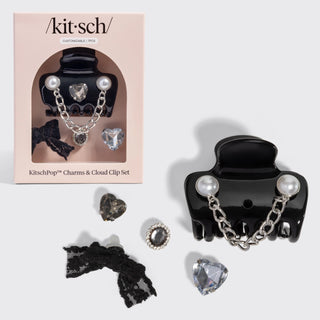 KitschPop black cloud claw clip with customizable charm set featuring chain, pearl, and gemstone details.