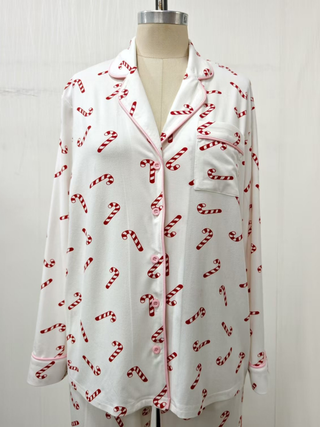 Candy Cane Holiday Long Sleeve Button-Up Pajama Top