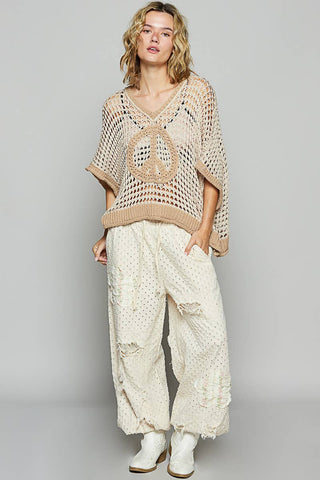 Pol Clothing Oversize V-Neck Short Sleeve Peace Sign Sweater