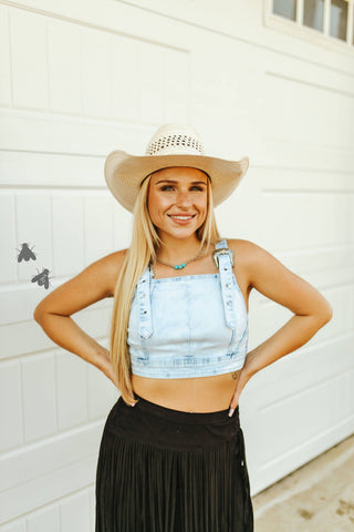 2 Fly Co Buckle Up Buttercup Denim Crop Top