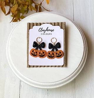 Clayhouse Colours - Pumpkin Bow Earrings | Jack-O-Lantern Earrings : Style 1 Circle Dangle