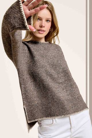 La Miel Contrast Stitch Crew Mock Neck Sweater