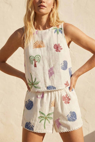 Neutral tank top with colorful coastal embroidery and scalloped hem