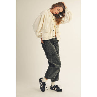 IVE - Washed Vintage Ribbed Knit Trim Cardigan Jacket: RUST / S-M-L-XL(2-2-2-2)