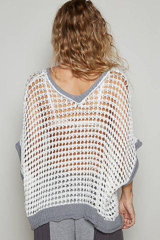 Pol Clothing Oversize V-Neck Short Sleeve Peace Sign Sweater