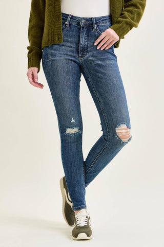 Judy Blue mid rise dark wash tummy control skinny jeans with distressed knees