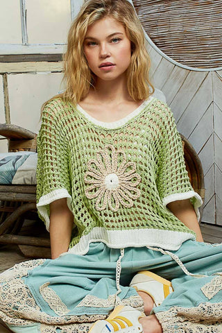 Pol Clothing - Round neck sleeveless floral thin sweater top SALE: BLACK/BEIGE / L