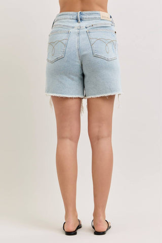 Judy Blue HW Rigid Magic Dad Shorts – Light Wash Distressed