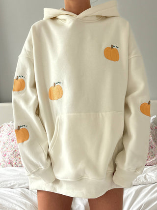 Mini Pumpkins Embroidered Hoodie – Cream Oversized Fit | Sunkissed Coconut