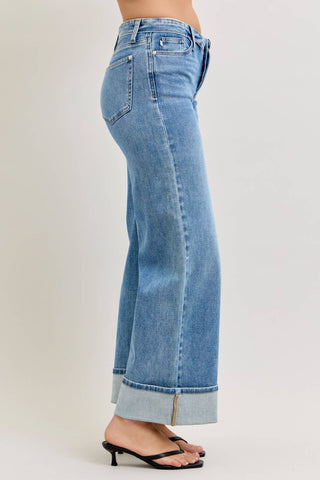 Judy Blue Mid Rise Medium Wash Straight Leg Jeans with Fold Over Waistband