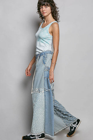 Blue Patchwork Wide-Leg Statement Jeans