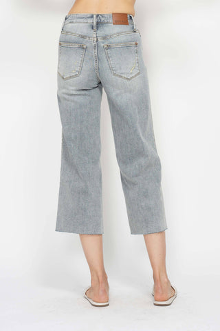 Judy Blue Mid Rise Light Wash Tummy Control Raw Hem Crop Wide Leg Jeans