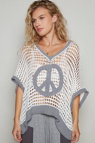 Pol Clothing Oversize V-Neck Short Sleeve Peace Sign Sweater
