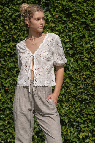 Off-White Eyelet Tie Front Top