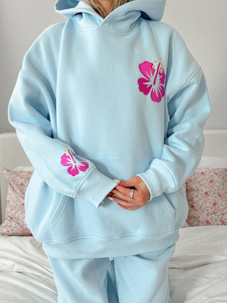 Sunkissed Coconut Icy Blue Hibiscus Flower Beach Babe Embroider Hoodie