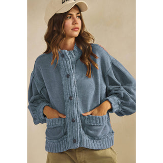 IVE - Washed Vintage Ribbed Knit Trim Cardigan Jacket: RUST / S-M-L-XL(2-2-2-2)